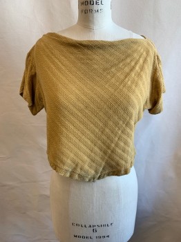 NL, Mustard Yellow, Cotton, Textured Fabric, Boat Neckline, S/S, Self Diagonal Stripe, V Shape Hem *Aged