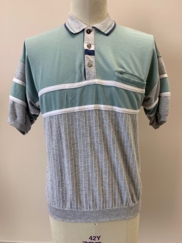 PURITAN, Heather Gray, Sea Foam Green, White, Navy Blue, Cotton, Polyester, Color Blocking, S/S, Collar Attached, 3 Buttons. Chest Pocket