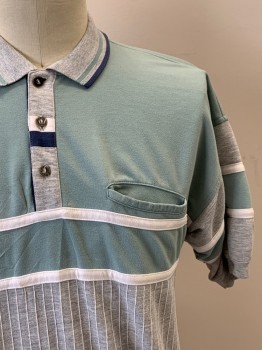 Mens, Polo Shirt, PURITAN, Heather Gray, Sea Foam Green, White, Navy Blue, Cotton, Polyester, Color Blocking, C42, L, S/S, Collar Attached, 3 Buttons. Chest Pocket