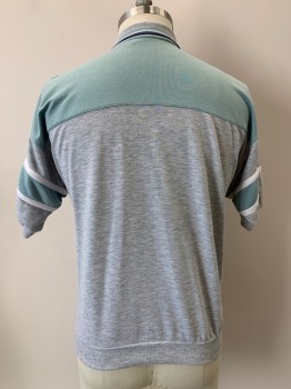 Mens, Polo Shirt, PURITAN, Heather Gray, Sea Foam Green, White, Navy Blue, Cotton, Polyester, Color Blocking, C42, L, S/S, Collar Attached, 3 Buttons. Chest Pocket
