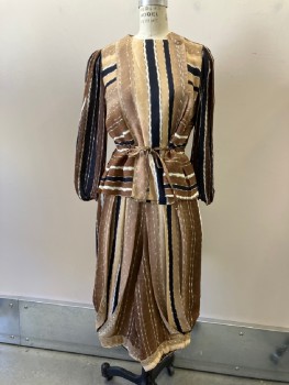 Womens, 1980s Vintage, Piece 1, BAL DE GRACE, Brown, Black, White, Polyester, Stripes, W:26, B:28, Round Neck, DB. with Button At Neck & Hook & Eyes To Drawstring Waist + 3 More Buttons At Base. L/S with Shoulder Pleats with Elastic At Wrist * Tucked And Stitched, Peplum with Box Pleats At Sides & CB