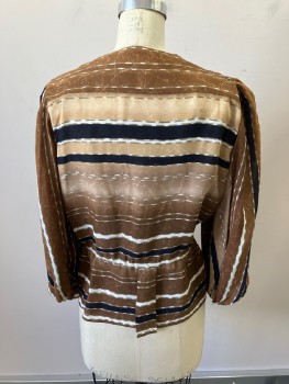 Womens, 1980s Vintage, Piece 1, BAL DE GRACE, Brown, Black, White, Polyester, Stripes, W:26, B:28, Round Neck, DB. with Button At Neck & Hook & Eyes To Drawstring Waist + 3 More Buttons At Base. L/S with Shoulder Pleats with Elastic At Wrist * Tucked And Stitched, Peplum with Box Pleats At Sides & CB
