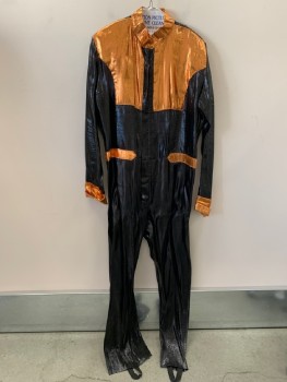 Mens, Sci-Fi/Fantasy Piece 2, MTO, Black, Copper Metallic, Synthetic, Color Blocking, W40, 48, JUMPSUIT, Band Collar, Zip Front, L/S, Cuffed Sleeves, Velcro Closure At Neck, Black Gusset At Back Waistband, Stirrups *Frayed Tinsel All Around*