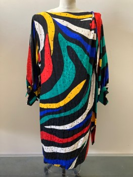 GIORGIO, Black, Red, Yellow, Green, Blue, Silk, Swirl , Dots, Boat Neck, L/S, Side Button, Front Wrap With Snap Closure At Shoulder And Drape