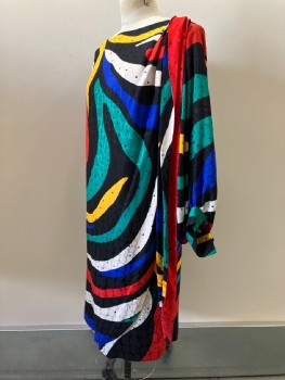 GIORGIO, Black, Red, Yellow, Green, Blue, Silk, Swirl , Dots, Boat Neck, L/S, Side Button, Front Wrap With Snap Closure At Shoulder And Drape