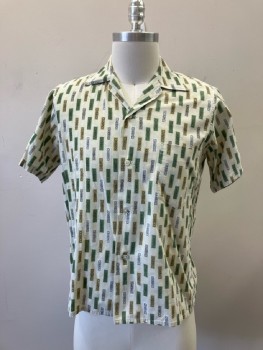 Mens, Shirt, N/L, Ch:38, Beige with Swirls In Sage/Gold/white Vertical Rectangle Design, Open Collar, B.F., S/S, 1 Pckt,