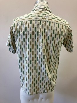 Mens, Shirt, N/L, Ch:38, Beige with Swirls In Sage/Gold/white Vertical Rectangle Design, Open Collar, B.F., S/S, 1 Pckt,