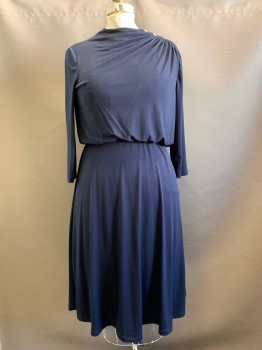 LONDON STYLE, Navy Blue, Polyester, Spandex, Solid, L/S, Crew Neck, Side Pleat with Gold Buttons, Elastic Waist Band, Back Zipper,