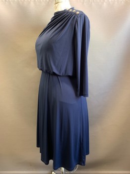 LONDON STYLE, Navy Blue, Polyester, Spandex, Solid, L/S, Crew Neck, Side Pleat with Gold Buttons, Elastic Waist Band, Back Zipper,