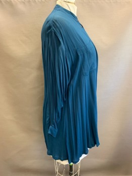 Womens, Blouse, PAUL DUFFIER, Teal Blue, Rayon, M, B46, Stand Collar, Button Front, L/S, 2 Pockets, Hem Above Knee, Oversize