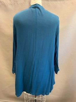 Womens, Blouse, PAUL DUFFIER, Teal Blue, Rayon, M, B46, Stand Collar, Button Front, L/S, 2 Pockets, Hem Above Knee, Oversize