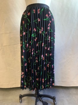 Womens, Skirt, Long, H&M, Black, Pink, Green, Polyester, Floral, 8, Solid Black Elastic Waistband, Pleated Chiffon