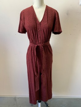 Womens, Jumpsuit, RAILS, Red Burgundy, Black, Rayon, Viscose, Spots , XS, Crepe, S/S, Button Front, Scoop Neck, Elastic Waist, Cropped Leg, **With Matching Fabric BELT