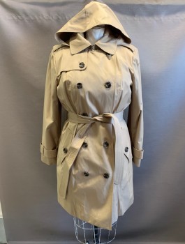 LONDON FOG, Khaki Brown, Poly/Cotton, C.A., Hook & Eye At Neck, Epaulets, Removable Hood, Double Breasted, Button Front, 2 Pockets, with Belt