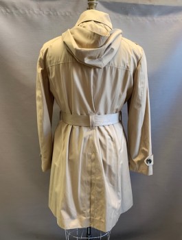 LONDON FOG, Khaki Brown, Poly/Cotton, C.A., Hook & Eye At Neck, Epaulets, Removable Hood, Double Breasted, Button Front, 2 Pockets, with Belt