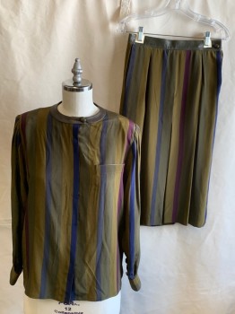 LOEWE, Moss Green, Gold, Wine Red, Navy Blue, Gray, Silk, Leather, Stripes - Vertical , Stripes - Diagonal , Blouse, Leather Band Collar with Tab, Hidden Button Front, Padded Shoulder with Pleats, Faux Front Pocket, Leather Buttons At Neck & Cuff