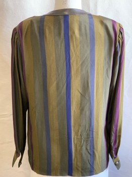 Womens, 1980s Vintage, Top, LOEWE, Moss Green, Gold, Wine Red, Navy Blue, Gray, Silk, Leather, Stripes - Vertical , Stripes - Diagonal , W 29, B 38, Blouse, Leather Band Collar with Tab, Hidden Button Front, Padded Shoulder with Pleats, Faux Front Pocket, Leather Buttons At Neck & Cuff
