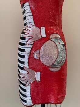 PHILIPPE ALBERT, Red, White, Black, Gray, Silk, Sequins, Print, Shoulder Straps, Scoop Neck, Full Sequins With Piano Player Print, Back Zip, Beaded Trim, NEIMAN MARCUS