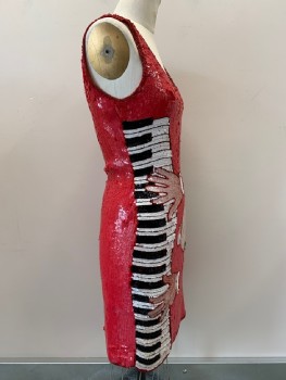 PHILIPPE ALBERT, Red, White, Black, Gray, Silk, Sequins, Print, Shoulder Straps, Scoop Neck, Full Sequins With Piano Player Print, Back Zip, Beaded Trim, NEIMAN MARCUS