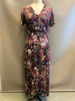 PERUVIAN CONNECTION, Black, Red Burgundy, Beige, Gray, Viscose, Floral, S/S, V Neck, Wrap Around With Waist Tie