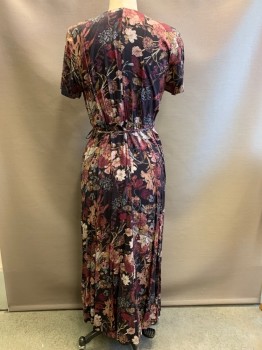 PERUVIAN CONNECTION, Black, Red Burgundy, Beige, Gray, Viscose, Floral, S/S, V Neck, Wrap Around With Waist Tie