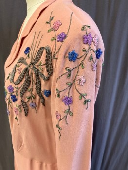 Womens, Evening Gown, N/L, Peach Orange, Rayon, Solid, W32, B:36, C.A., Notched Lapel, CF Hook And Eye Closure.3/4 Sleeve, Side Zipper, Pink/Blue/Purple/Green Floral and Bow  Beaded Detail.*With Self Belt*