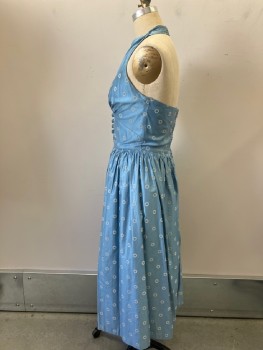 N/L, Sky Blue, White, Cotton, Circles, Polished Cotton with Flocked Concentric Circle Design, Halter Pleated And Stitched, V/n, Pull On, Self Covered Button & Loops CF, Smocked Bust & Waist, Lightly Gathered Skirt, Zip Back, Organdy 1/2 Slip