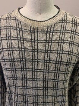 LIBERTY SWEATERS, White, Beige, Black, Charcoal Gray, Cotton, Acetate, Plaid-  Windowpane, Knit, L/S, Crew Neck, Pullover