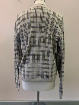 LIBERTY SWEATERS, White, Beige, Black, Charcoal Gray, Cotton, Acetate, Plaid-  Windowpane, Knit, L/S, Crew Neck, Pullover