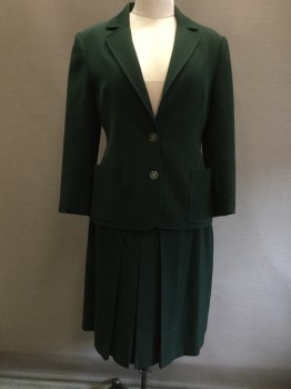 CELINE, Dk Green, Wool, Solid, Single Breasted, Collar Attached, Notched Lapel, 2 Pockets, 2 Gold/Green Decorative Buttons,