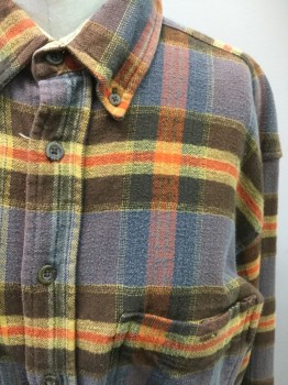 PACIFIC TRAIL, Yellow, Orange, Brown, Gray, Cotton, Plaid, Long Sleeves, Button Down Collar, Button Front, 1 Pocket, Brushed Cotton