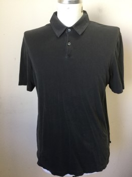 JAMES PERSE, Black, Cotton, Solid, Faded Black, Collar Attached, 2 Button Front, Short Sleeves, Side Split Hem
