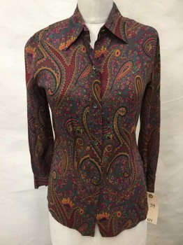 DKNY, Olive Green, Red, Mustard Yellow, Orange, Pink, Silk, Spandex, Paisley/Swirls, Long Sleeves, Collar Attached, Button Front,