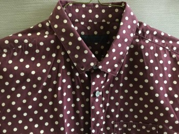 BURBERRY PRORSUM, Maroon Red, Beige, Cotton, Polka Dots, Long Sleeves, Button Front, 1 Pocket, Collar Attached, Beige Plastic Buttons