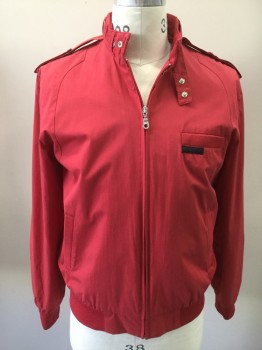 Mens, Windbreaker, MEMBERS ONLY, Red, Cotton, Polyester, Medium, Zip Front, Snaps at Stand Collar, Epaulets