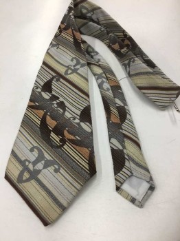 LANCER, White, Brown, Gray, Butter Yellow, Terracotta Brown, Polyester, Stripes - Diagonal , Abstract , 4 In Hand, See Detail Photo