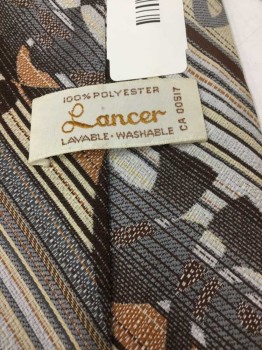 Mens, Tie, LANCER, White, Brown, Gray, Butter Yellow, Terracotta Brown, Polyester, Stripes - Diagonal , Abstract , 4 In Hand, See Detail Photo