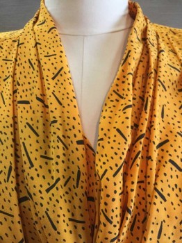 ST. DENNIS, Goldenrod Yellow, Black, Polyester, Novelty Pattern, Black Spots and Rectangle Print, Pleat Plunge V-neck, W/2 Button Double Breasted Front, Long Sleeves,