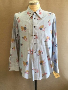 Mens, Dress Shirt, Grants, Denim Blue, Pink, Navy Blue, Yellow, Poly/Cotton, Floral, XL, Long Sleeves, Button Front, Collar Attached, Chambray, Navy Buttons, Single Breast Pocket