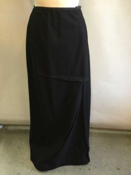 N/L, Black, Wool, Solid, Diagonal Pleats, Self Fabric Covered Decorative Buttons, Hidden Hook&Eye Closures At Side, Straight Fit/"Hobble" Skirt Style, Made To Order,