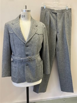 Mens, 1920s Vintage, Suit, Jacket, N/L, Heather Gray, Wool, Heathered, 32/32, 38S, SB. Notched Lapel, Norfolk Style with A Western Yoke, 3 Button,  2 Inverted Box Pleat Patch Pockets, Attached Self Belt With Leather Buckle, MULTIPLE See FC015363,