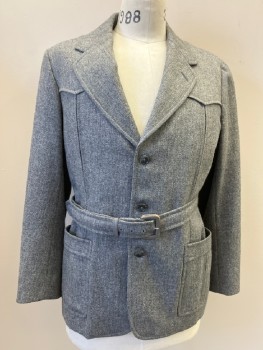 Mens, 1920s Vintage, Suit, Jacket, N/L, Heather Gray, Wool, Heathered, 32/32, 38S, SB. Notched Lapel, Norfolk Style with A Western Yoke, 3 Button,  2 Inverted Box Pleat Patch Pockets, Attached Self Belt With Leather Buckle, MULTIPLE See FC015363,
