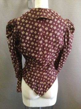 N/L, Maroon Red, Cream, Cotton, Geometric, Checkerboard Print in Cream on Maroon, Working Class "hand Me Down". Hook & Eye Closure Center Front, Collar, Long Sleeves, with Slit at Cuff, Fitted Through Waist. in Very Fragile State  Very Thread Bare at Collar, Center Front, Waist and Sleeves. Some Thread Bare Areas Repaired with Red Thread,
