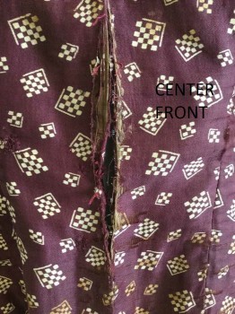 N/L, Maroon Red, Cream, Cotton, Geometric, Checkerboard Print in Cream on Maroon, Working Class "hand Me Down". Hook & Eye Closure Center Front, Collar, Long Sleeves, with Slit at Cuff, Fitted Through Waist. in Very Fragile State  Very Thread Bare at Collar, Center Front, Waist and Sleeves. Some Thread Bare Areas Repaired with Red Thread,