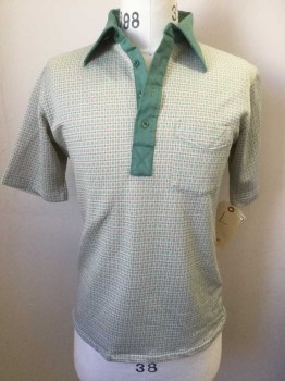 Mens, Polo Shirt, CAREER CLUB, Sage Green, Cream, Orange, Polyester, Grid , L, 4 Buttons, Short Sleeves, 1 Pocket, Contrast Trim and Collar