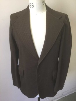 Mens, Blazer/Sport Co, N/L, Brown, Polyester, Grid , 38R, Self Grid Texture, Single Breasted, Very Wide Notched Lapel, 2 Silver Buttons, 3 Pockets, Mustard Lining with Beige Diamonds and Dots Pattern,