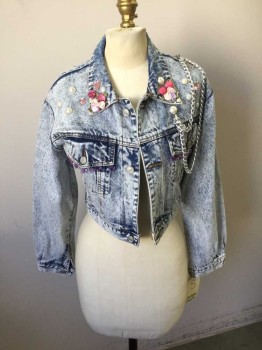 CONTEMPO, Lt Blue, Denim Blue, Cotton, Acid Wash, Jean Jacket, Light Blue Acid Wash, Assorted Pearl and Plastic Beads, Satin Rosettes on Collar, Silver Chain Hanging at Shoulder, 3 Buttons,  2 Patch Pockets, Short Waisted, Early 1990's