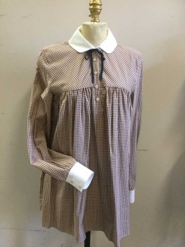 MTO, Cream, Beige, Brown, Black, White, Poly/Cotton, Micro Plaid with White Collar & Cuffs, Long Sleeves, Button Placket
