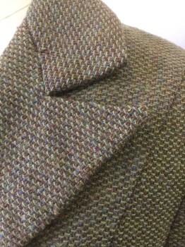 N/L, Olive Green, Brown, Wool, Speckled, with Blue Specks, Single Breasted, Peaked Lapel, 3 Self Fabric Covered Buttons, 2 Welt Pockets, Seafoam with Rust and Cream Paisley/Squares Pattern Silk Lining, Made To Order