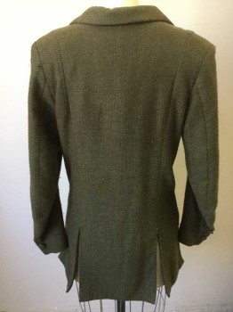 N/L, Olive Green, Brown, Wool, Speckled, with Blue Specks, Single Breasted, Peaked Lapel, 3 Self Fabric Covered Buttons, 2 Welt Pockets, Seafoam with Rust and Cream Paisley/Squares Pattern Silk Lining, Made To Order